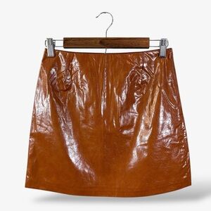 Cotton On Brown Vegan Leather Mini Skirt Size XS A-Line Side Zip 70s Retro